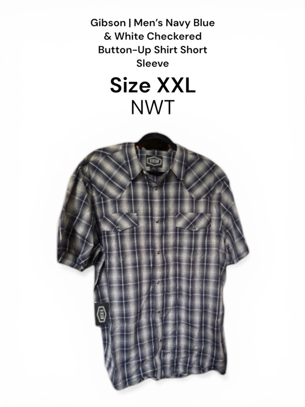 Gibson Men’s XXL Navy Blue & White Checkered Button-Up Shirt Short Sleeve